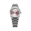 Unveil your captivating beauty with this Makydo women's watch, where strength and grace intertwine in perfect balance. The light pink dial, like a soft blush of dawn, emanates a tender radiance and kindling passions. The brilliant, highly transparent sapphire crystal with anti-reflective coating expose the sophisticated silver baton hands with BGW9 Lume. The flawless symmetry of the 316L Stainless Steel integrated bracelet complimented with a 6.7mm of slim case powered by a sturdy Miyota quartz movement.