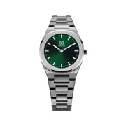 The captivating essence of this Makydo women's watch, adorned with an emerald green dial that sparkles like a hidden gem. It is a testament to your vibrant spirit and unwavering strength.The brilliant, highly transparent sapphire crystal with anti-reflective coating expose the sophisticated silver baton hands with BGW9 Lume. The flawless symmetry of the 316L Stainless Steel integrated bracelet complimented with a 6.7mm of slim case powered by a sturdy Miyota quartz movement.