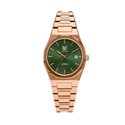 Makydo emerald green mosaic automatic unisex watch with impeccable balance of brushed and mirror polished case and bracelet, this timepiece offers a refined aesthetic. The brilliant, highly transparent sapphire crystal with anti-reflective coating expose the sophisticated silver baton hands with BGW9 Lume. The flawless symmetry of  perfected Rose Gold plated 316L stainless steel integrated bracelet complimented with a 9mm of slim case powered by a sturdy Japan Miyota 9015 movement.