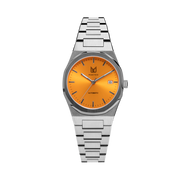 Experience the allure of a late summer day and the excitement of an enchanting evening with Makydo spring orange automatic unisex watch. Its brilliance ignites passion within the soul of the beholder. The brilliant, highly transparent sapphire crystal with anti-reflective coating expose the sophisticated silver baton hands with BGW9 Lume. The flawless symmetry of the 316L Stainless Steel integrated bracelet complimented with a 9mm of slim case powered by a sturdy Japan Miyota 9015 movement.